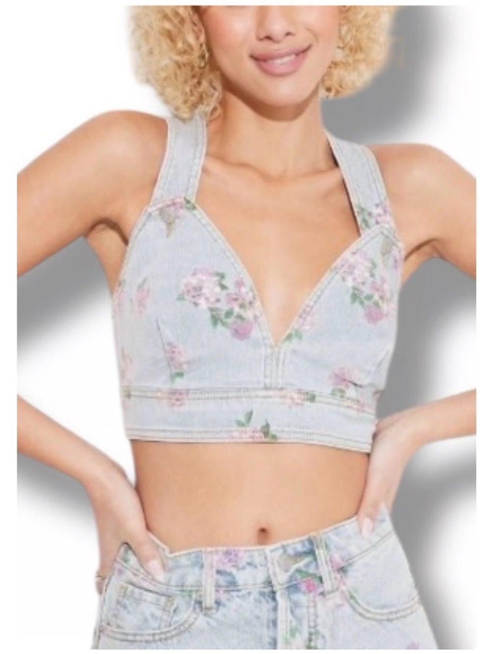 Concert Ready! Sz M Pink Floral Light Wash Denim Deep V-Neck Side Zip Crop Top